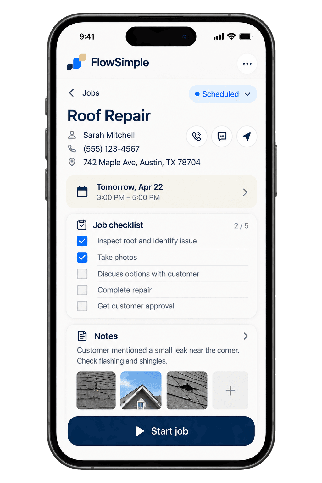 FlowSimple roof repair job with checklist and photos
