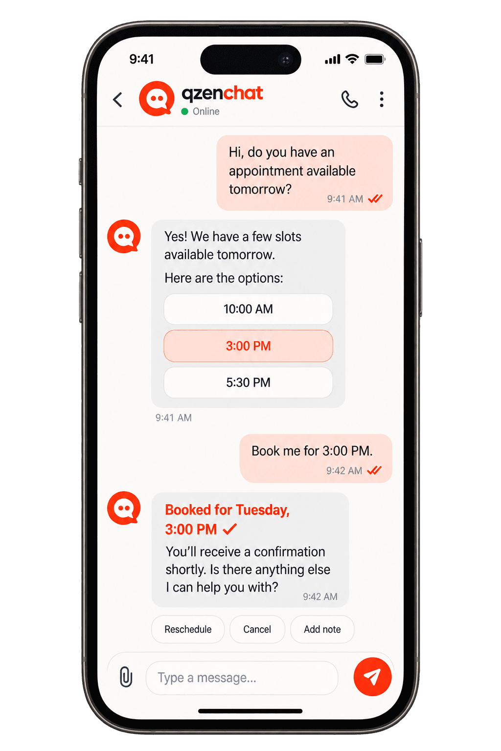 qzenchat booking an appointment in a chat